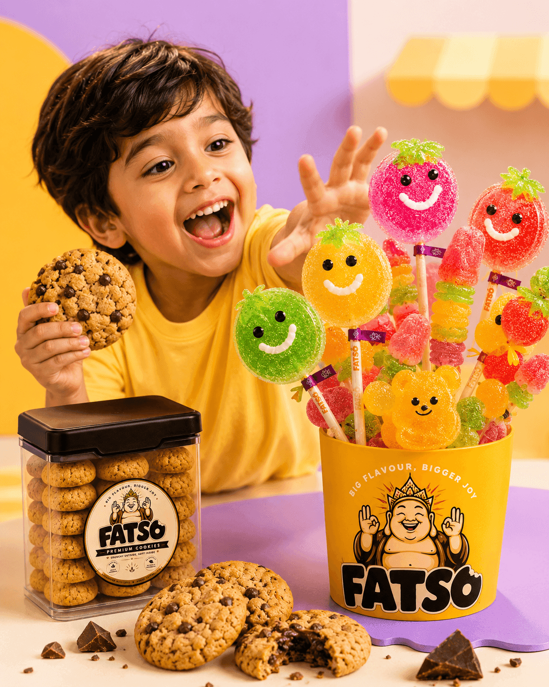 Fatso cookie and jelly snacks staged as a movie night sharing bundle