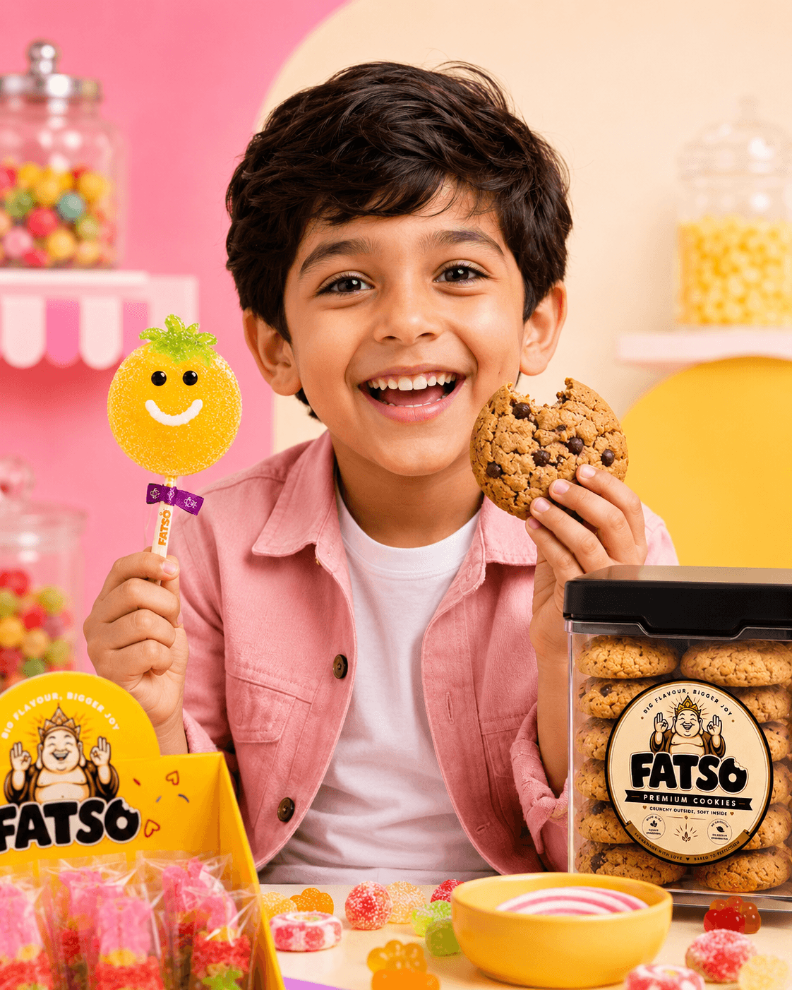 Boy holding a smiling Fatso lollipop beside cookies