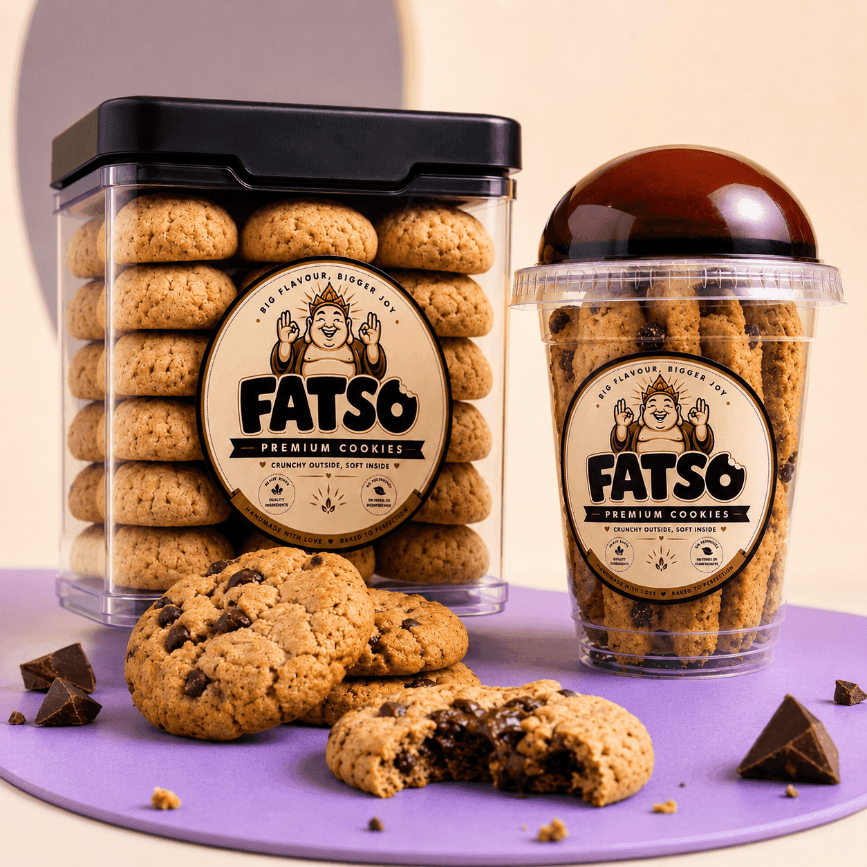 Fatso cookie sticks cup beside a packed premium cookie tub