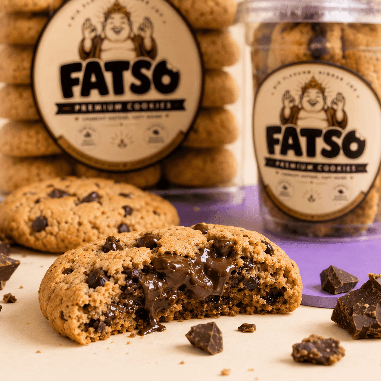 Close-up of a broken Fatso cookie with melted chocolate centre