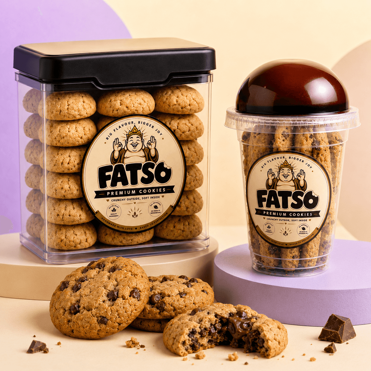Fatso cookie jar and stacked cookies with warm chocolate crumbs