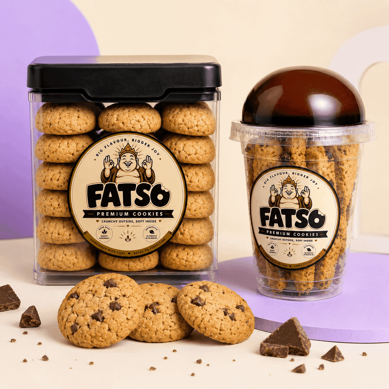 Fatso cookies and chocolate chunks on a colourful studio set