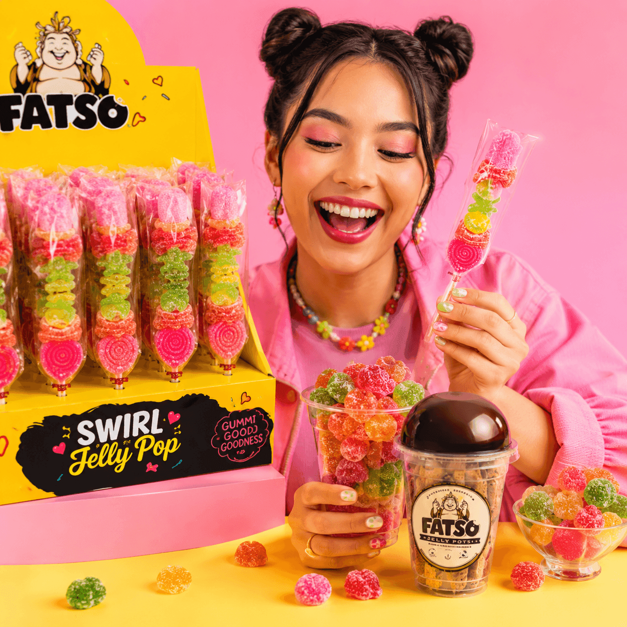 Fatso jellies in a colourful sweet-shop scene