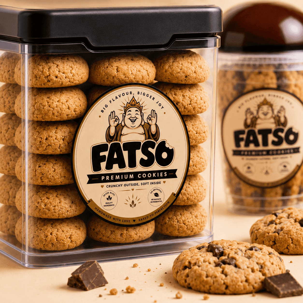 Fatso cookie tub with jellies on a colourful set