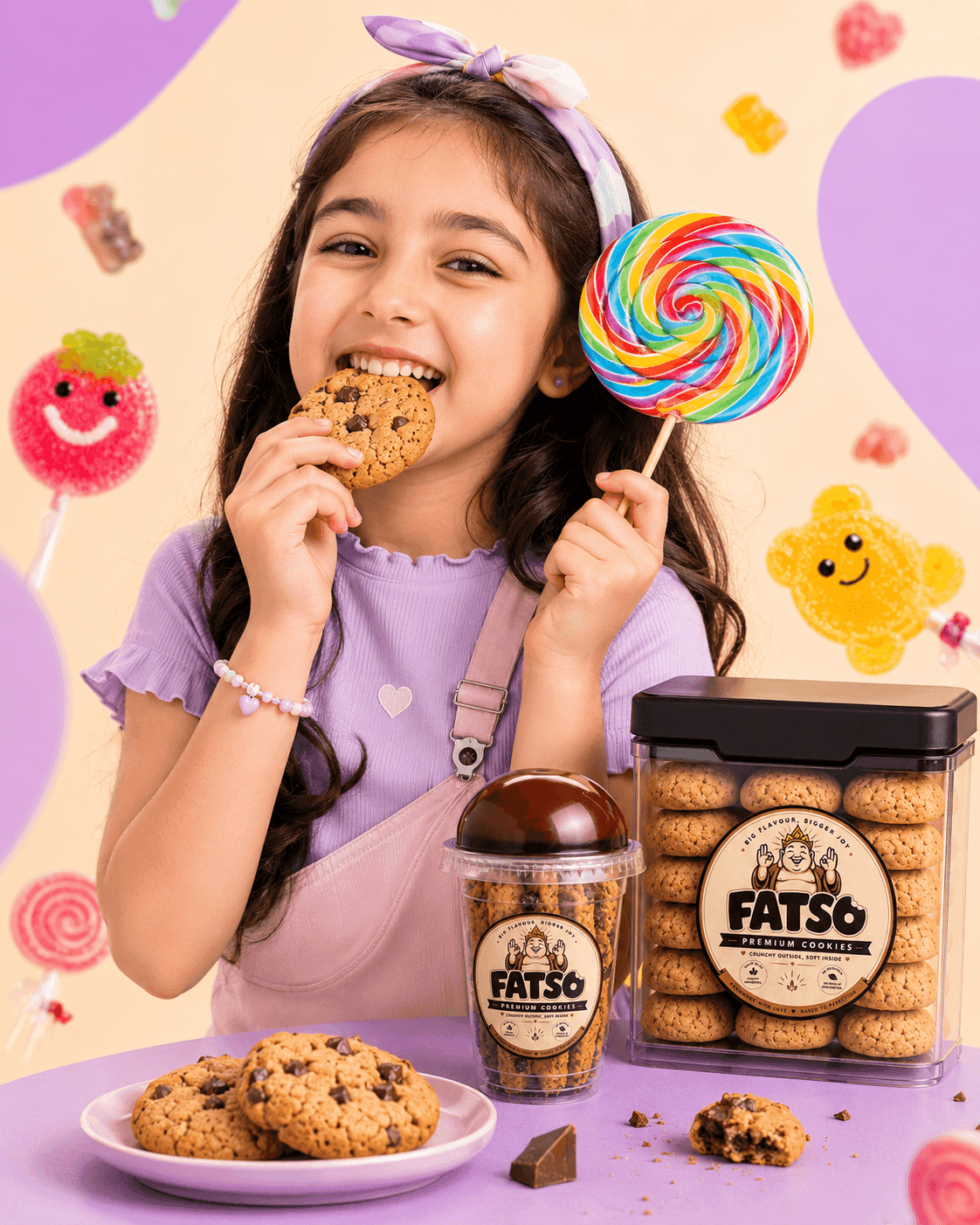 Girl holding a Fatso lollipop on a bright candy backdrop