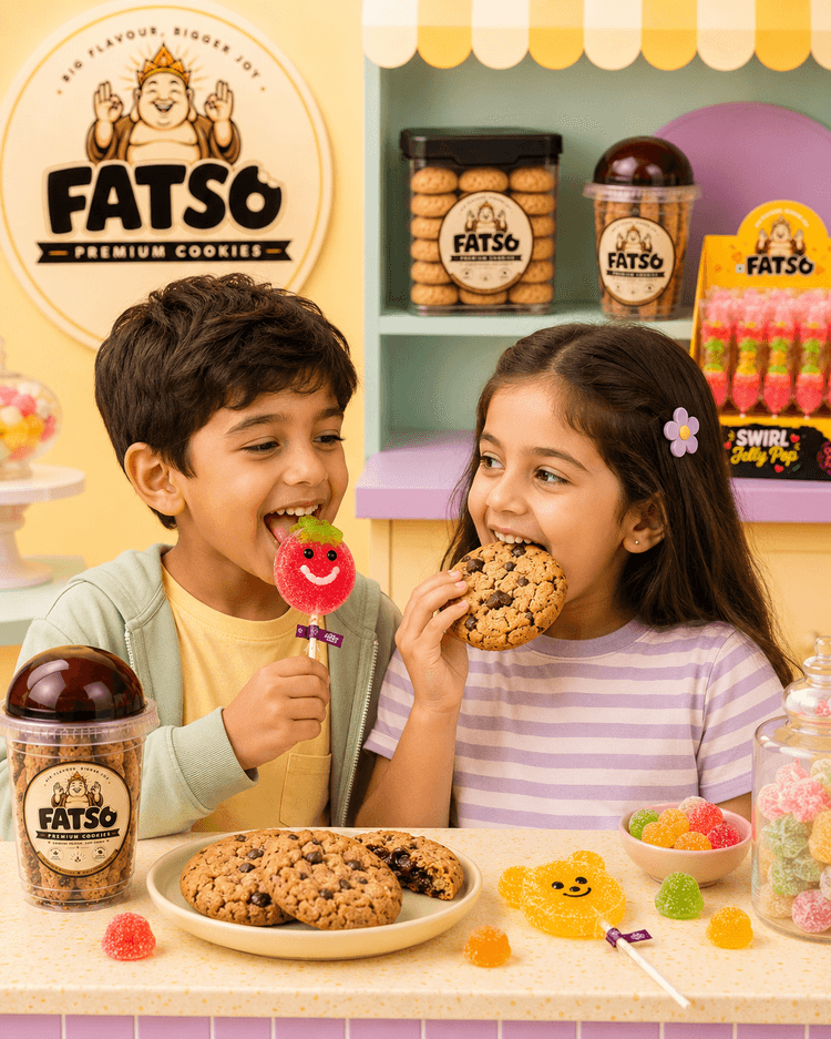 Kids smiling behind a Fatso party lollipop display