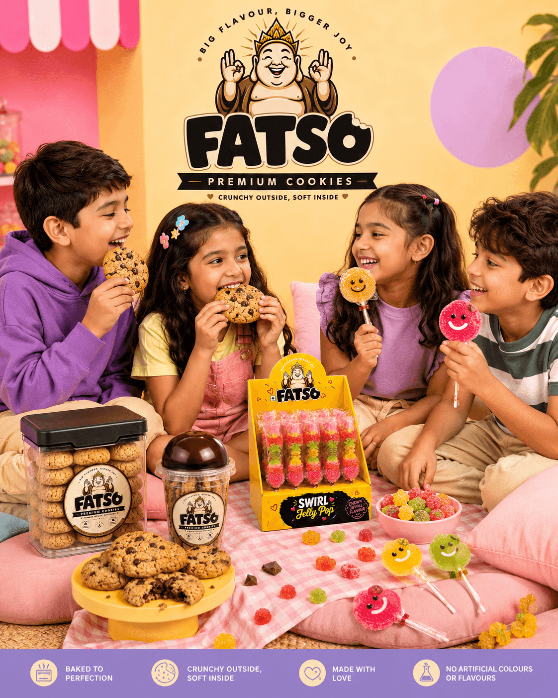 Fatso cookies, jellies and lollipops arranged as a colourful gift bundle
