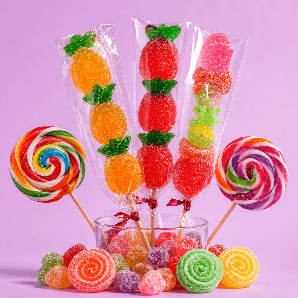Rainbow Lolly Swirls — Flatlay of Fatso rainbow lollipops and smiley candy pops