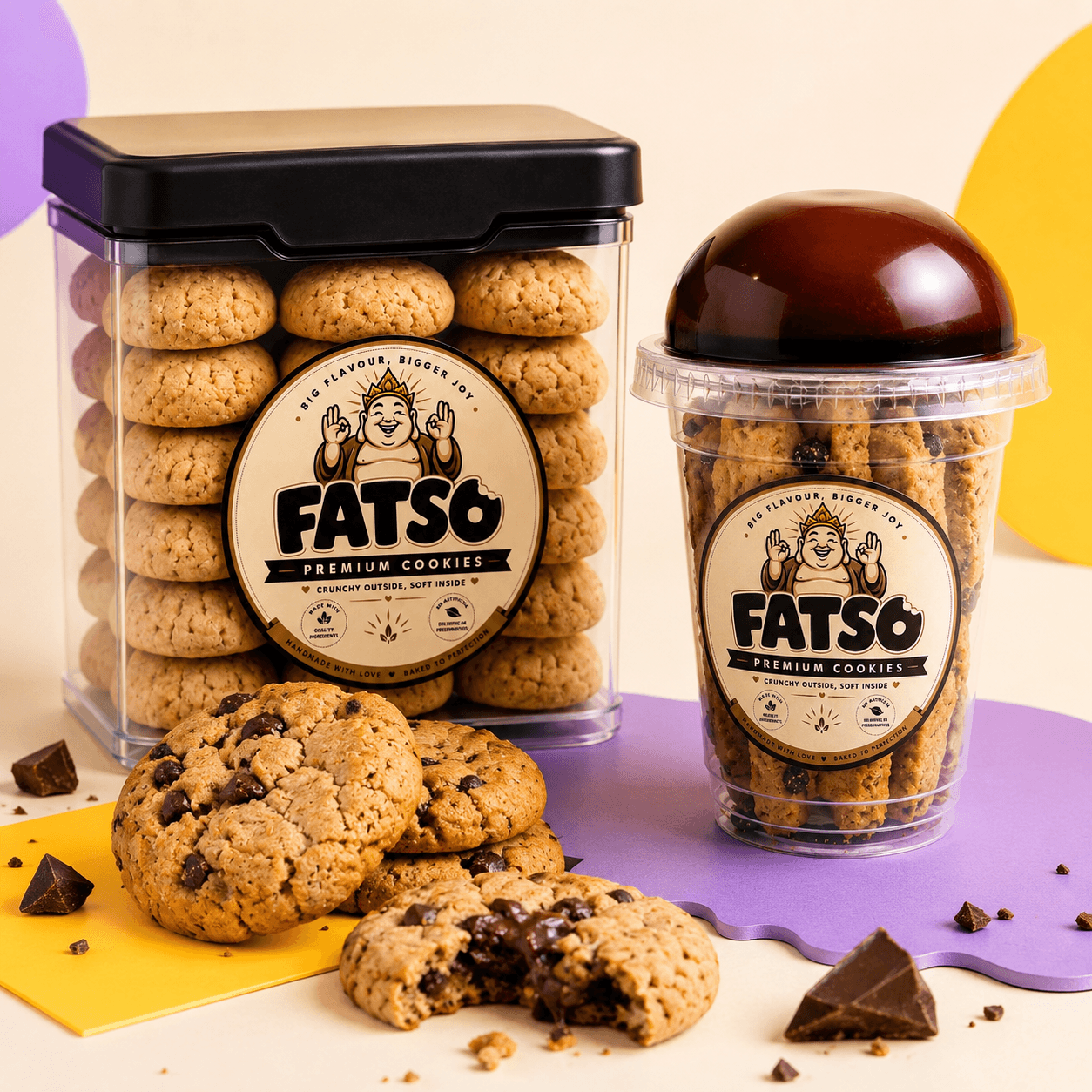 Choco Chunk Tub — Fatso cookie tub surrounded by chunky chocolate cookies on a pastel set